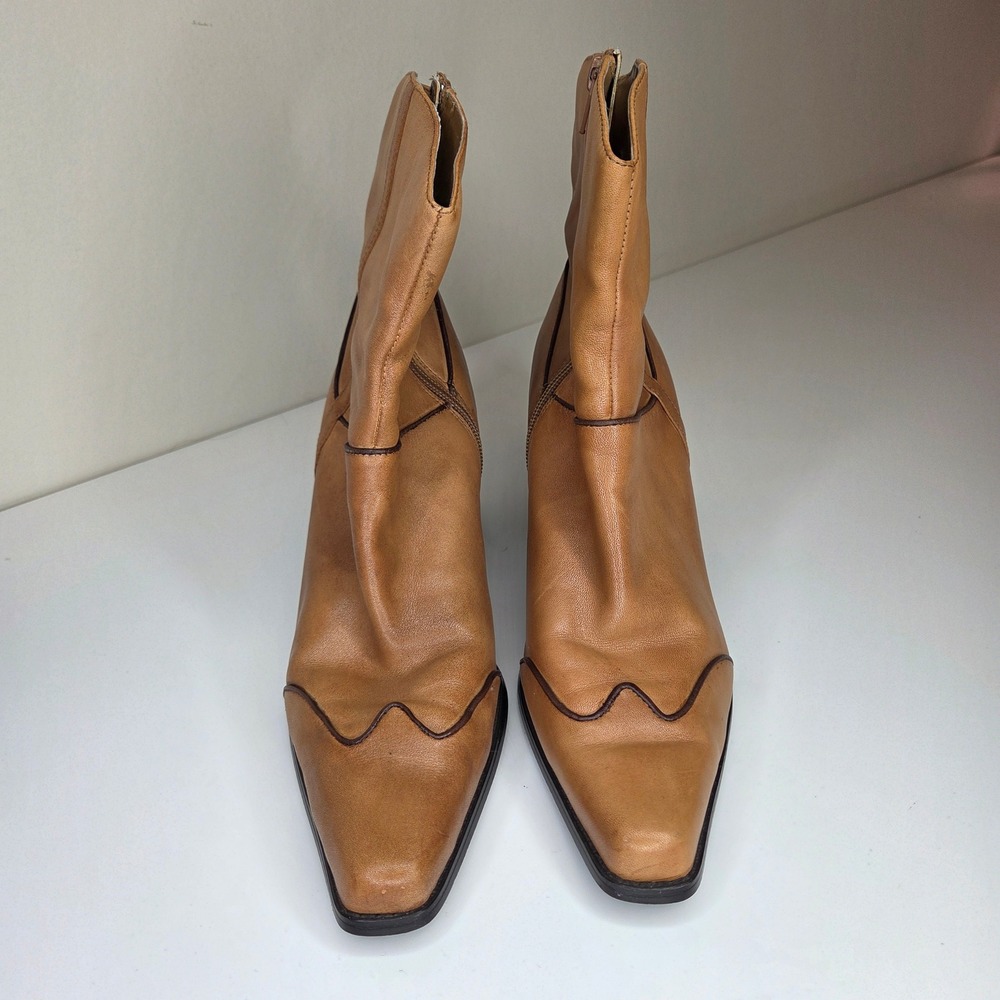Coldwater Creek Tan Leather Square Toe Ankle Boots Western Piping 10M